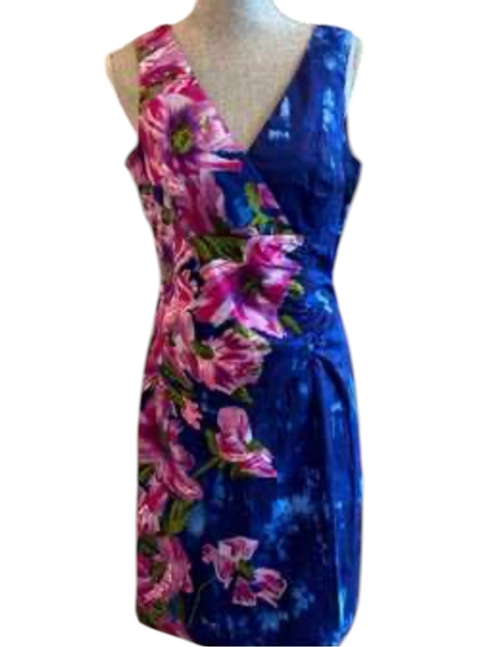 Donna Ricco vibrant blue and pink floral sleeveless v-neck sheath midi dress